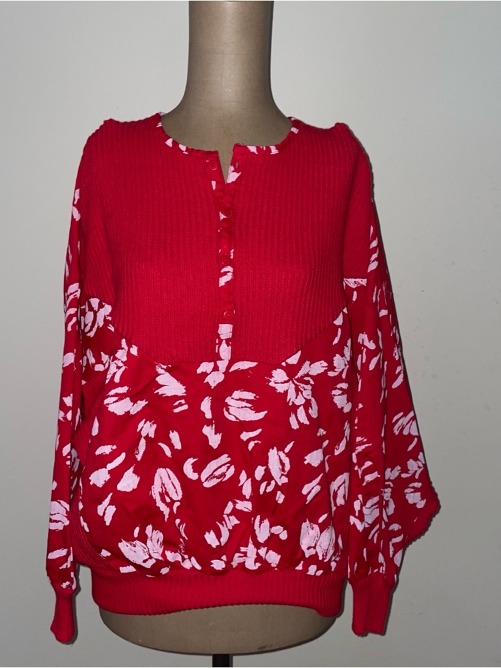Organically Grown COTTON -natural -Red Floral Cowl‎ Neck Sweater LARGE NWT